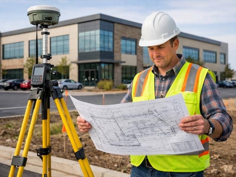 Land surveyor reviewing an ALTA land survey at a commercial property site