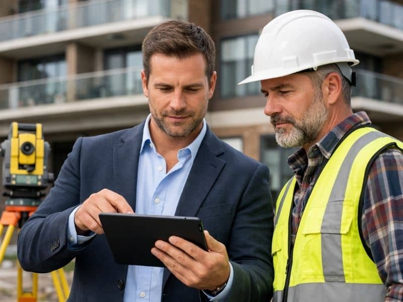 Surveyor and commercial property investor reviewing plans during an ALTA land survey for a high-value property