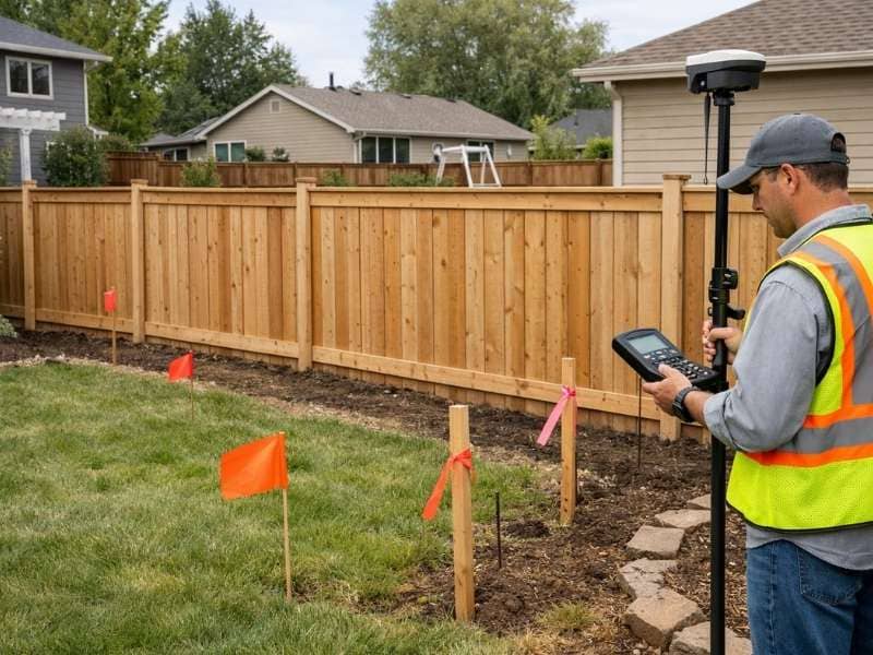 Licensed surveyor using GPS equipment to perform a property survey for a fence in a residential backyard before installation 