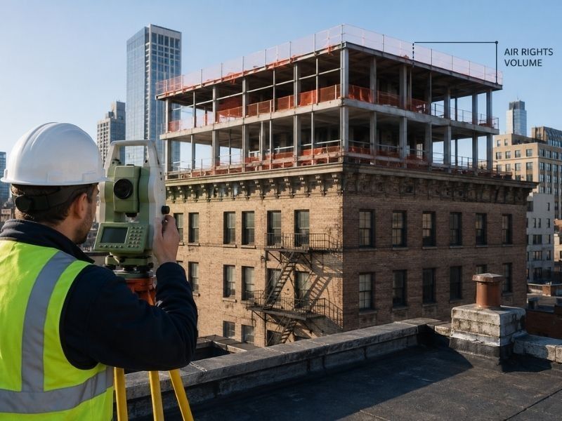 Surveyor measuring rooftop elevations for air rights ownership above an existing city building