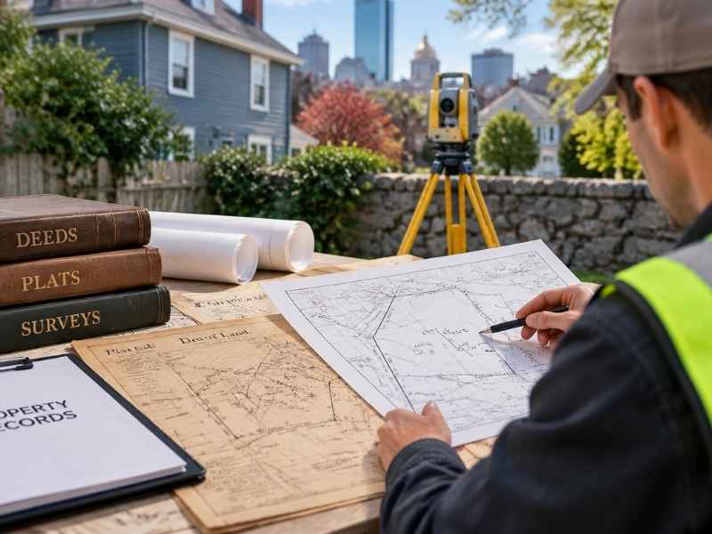 Licensed land surveyor reviewing property records and boundary maps to resolve conflicting property information in Boston Massachusetts